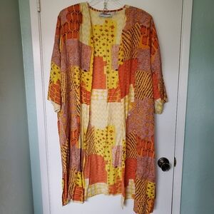 Henna Bohemian Patchwork Print Kimono Duster Orange + Yellow One Size Rayon